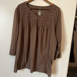St. John's Bay brown long-sleeve blouse with lace detail Size 1X